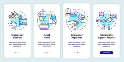 Ways to help refugees onboarding mobile app screen. Emergency walkthrough 4 steps graphic instructions pages with linear concepts. UI, UX, GUI template. vector