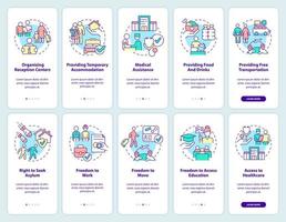 Helping refugees onboarding mobile app screen set. Governmental support walkthrough 5 steps graphic instructions pages with linear concepts. UI, UX, GUI template. vector