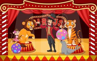 Cartoon circus performers with animals and tamer on circus arena vector