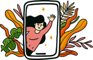 women come out of the smartphone against the background of leaves and flowers. illustration of a women friendly start up industry png