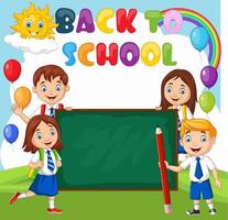 Back to school. Cartoon school children with chalkboard