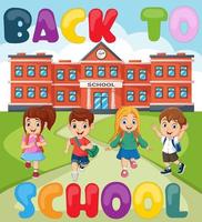 Back to school. Happy school children in front school building