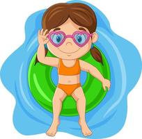 Cute little girl with swimsuit and glasses lying on inflatable ring vector