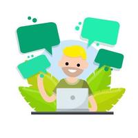 Man sit at table with laptop. Concept of Education. Teaching and learning. Green plant leaves. Flat cartoon Cloud text bubble dialog. Conversation and Talk. vector