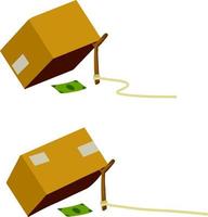 Cardboard box and trap. Children practical joke. Dollar and pitfall. Business problem. Stick on rope. Flat cartoon. Concept of financial problem. Funny comic Money bait vector