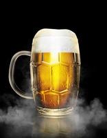 Beer glass with water drops on the white color smoke dark background. 3d render photo