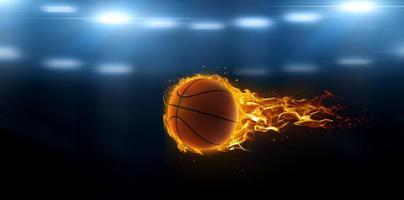 asketball on fire in basketball court stadium with lights in the field shining photo