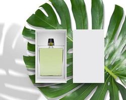 perfume bottle product advertisement, top view with monstera leaf background. 3d render photo