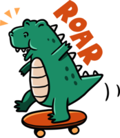 gioioso dino gioca a skateboard. disegno disegnato a mano dell'illustrazione sveglia del dinosauro. simpatico dinosauro in stile infantile png