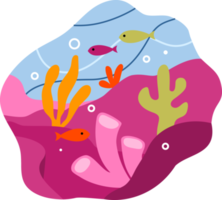 ilustração desenhada à mão de uma paisagem do mundo submarino em estilo cartoon. plantas e corais subaquáticos de design plano bonito no fundo do mar. png