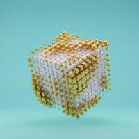 Abstract digital golden cube and moving elements with light green background. Concept of information technology, OLAP database cube, Database, Data analysis, Data mining. 3D rendering photo