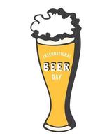 International Beer Day. Glass of beer with foam cap in doodle style hand drawing. Vector design element for international beer day.