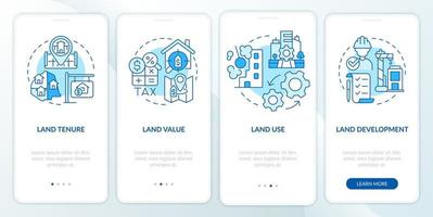 Land management practice blue onboarding mobile app screen. Walkthrough 4 steps graphic instructions pages with linear concepts. UI, UX, GUI templat vector