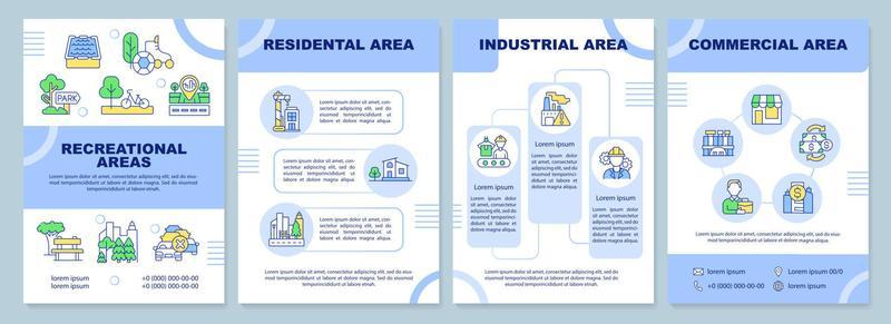 Types of land-use blue brochure template. Residential and industrial. Leaflet design with linear icons. 4 vector layouts for presentation, annual reports