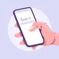 Internet search, browsing flat vector illustration. Web surfing, networking cartoon concept. Mobile browser homepage interface idea. Hand holding smartphone with search bar. Online technology