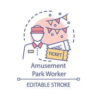 Amusement park worker concept icon. Summer part-time job idea thin line illustration. Temporary employment. Entry-level job. Ticket checker. Vector isolated outline drawing. Editable stroke