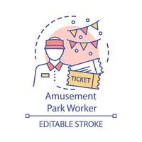 Amusement park worker concept icon. Summer part-time job idea thin line illustration. Temporary employment. Entry-level job. Ticket checker. Vector isolated outline drawing. Editable stroke