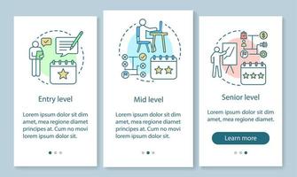 Work experience onboarding mobile app page screen with linear concepts. Position, status. Entry, mid, senior level walkthrough steps graphic instructions. UX, UI, GUI vector template with icons