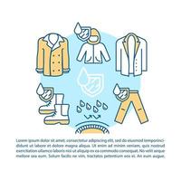 Rainproof clothes article page vector template. Brochure, magazine, booklet design element with linear icons and text boxes. Waterproof footwear Print design. Concept illustrations with text space ..