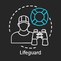 Lifeguard chalk icon. Professional rescuer. Beach emergency rescue. Summer part time job. Lifeguard equipment, ring buoy, binoculars. Expert swimmer. Isolated vector chalkboard illustration