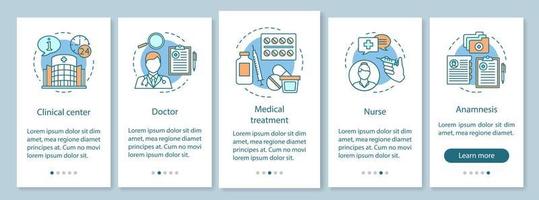 Medicine and healthcare onboarding mobile app page screen vector template. Medical care, treatment patient. Hospital. Website steps with linear illustrations. UX, UI, GUI smartphone interface concept