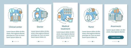 plantilla de vector de pantalla de página de aplicación móvil de incorporación de medicina y atención médica. atención médica, tratamiento del paciente. hospital. pasos del sitio web con ilustraciones lineales. ux, ui, concepto de interfaz de teléfono inteligente gui