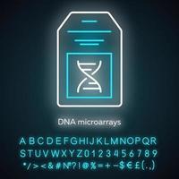 DNA microarray neon light icon. DNA chip. Microscopic chromosome spots collection. Biochip. Gene research. Bioengineering. Glowing sign with alphabet, numbers and symbols. Vector isolated illustration