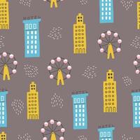 Seamless pattern of childish cartoon town for fabric, wallpaper design. vector