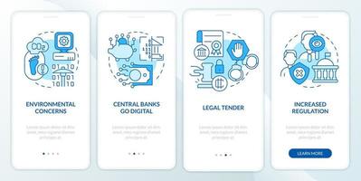 Crypto weakness in foreseeable future blue onboarding mobile app screen. Walkthrough 4 steps graphic instructions pages with linear concepts. UI, UX, GUI template vector