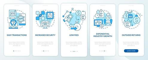 Cryptocurrency biggest advantages blue onboarding mobile app screen. Walkthrough 5 steps graphic instructions pages with linear concepts. UI, UX, GUI template vector