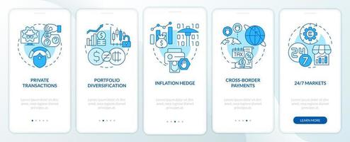 Cryptocurrency competitive edges blue onboarding mobile app screen. Walkthrough 5 steps graphic instructions pages with linear concepts. UI, UX, GUI template vector