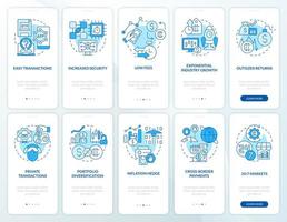 Adopting crypto-currency blue onboarding mobile app screen set. Walkthrough 5 steps graphic instructions pages with linear concepts. UI, UX, GUI template vector