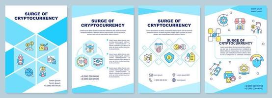 Surge of cryptocurrency turquoise brochure template. Popularity growth. Leaflet design with linear icons. 4 vector layouts for presentation, annual reports