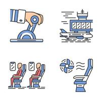 Aviation services color icons set. Plane conditioning system. Airplane comfortable seating. Passengers at salon. Aircraft travel. Journey amenity. Airline facilities. Isolated vector illustrations