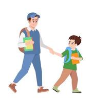 Brothers holding hands and going to school flat vector illustration. Preteen and teenage schoolboys with backpacks and textbooks. School children hurry up to lessons isolated cartoon characters