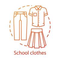 Official school uniform concept icon. Elementary grade student fashion idea thin line illustration. Men and women clothes, formal apparel. T shirt, pants and long skirt vector isolated outline drawing