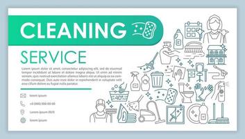 Cleaning service web banner, business card vector template. Housekeeping company contact page with phone, email linear icons. Presentation, web page idea. Cleaners corporate print design layout