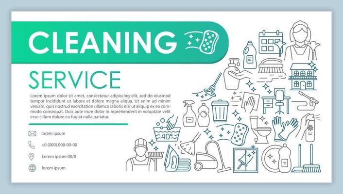 Cleaning service web banner, business card vector template. Housekeeping company contact page with phone, email linear icons. Presentation, web page idea. Cleaners corporate print design layout