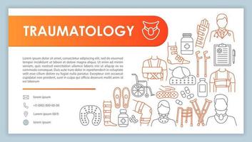 banner web de traumatología, plantilla de vector de tarjeta de visita. página de contacto de la clínica de reumatología con teléfono, iconos lineales de correo electrónico. presentación de tratamiento de lesiones, idea de página web. diseño de diseño de impresión corporativa