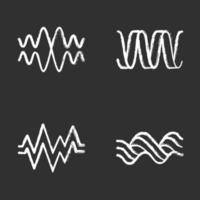 Sound waves chalk icons set. Audio waves. Music frequency. Voice line, overlapping soundwaves. Abstract digital waveform. Rhythm, beat, pulse. Radio signal. Isolated vector chalkboard illustrations