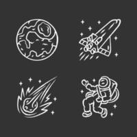 Astronomy chalk icons set. Space exploration. Earth, spaceship, comet, astronaut. Astrophysics. Galaxy research. Interstellar travel. Cosmic mission. Isolated vector chalkboard illustrations