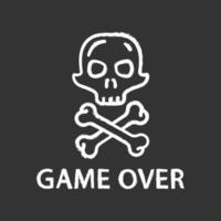 Game over chalk icon. Virtual video game end, finish, failure. Skull with crossbones. Esports, cybersports sign. Computer game fail, loser. Cybersport. Isolated vector chalkboard illustration