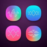 Sound waves app icons set. Audio, music, radio signal waves. Vibration, synergy, motion lines. Digital curve soundwaves. UI UX user interface. Web or mobile applications. Vector isolated illustrations