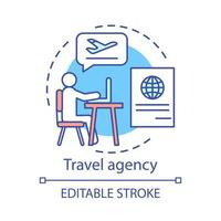 Travel agency concept icon. Traveling idea thin line illustration. Touristic company. Tour advice. Discounts, special offers. Vacation destinations. Vector isolated outline drawing. Editable stroke