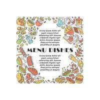 plantilla de vector de página de artículo de platos de menú. banner de conceptos de palabras de comida de restaurante con espacio de texto. idea de tipografía de letras aisladas con iconos de color. volante, folleto, prospecto, diseño de carteles