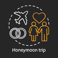 Honeymoon trip chalk concept icon. Travel style idea. Romantic voyage. City tours. Family tourism. Newlyweds holiday. Vector isolated chalkboard illustration