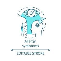 Allergy symptoms concept icon. Organism reactions to allergens idea thin line illustration. Skin rash, hives, allergic conjunctivitis, migraine. Vector isolated outline drawing. Editable stroke