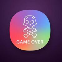 Game over app icon. Virtual video game end, failure. Skull with crossbones. Esports, cybersports sign. Game fail, loser. UI UX user interface. Web or mobile application. Vector isolated illustration