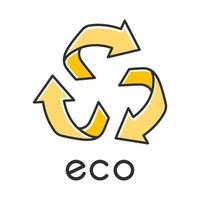 Eco label color icon. Three yellow rounded arrow signs. Recycle symbol. Alternative energy. Environmental protection sticker. Eco friendly chemicals. Organic cosmetics. Isolated vector illustration