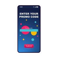 Enter promo code page smartphone interface template. Coupon deals mobile app layout. Digital discount, promotional code, special offer, voucher screen. E coupon. Application flat UI. Phone display vector